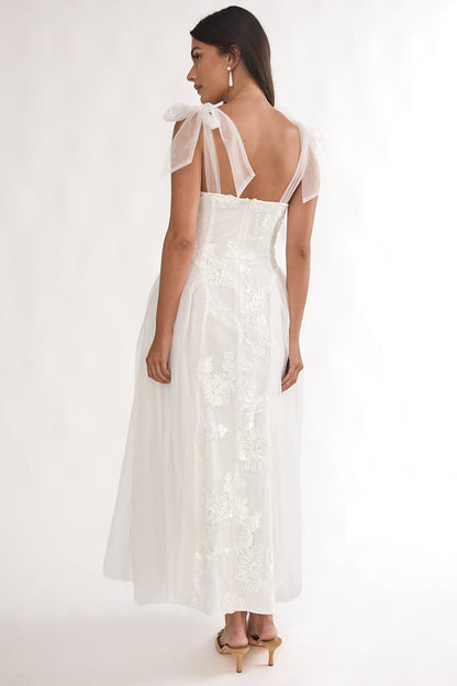 Serifine Floral Embellished Bow Maxi Dress White