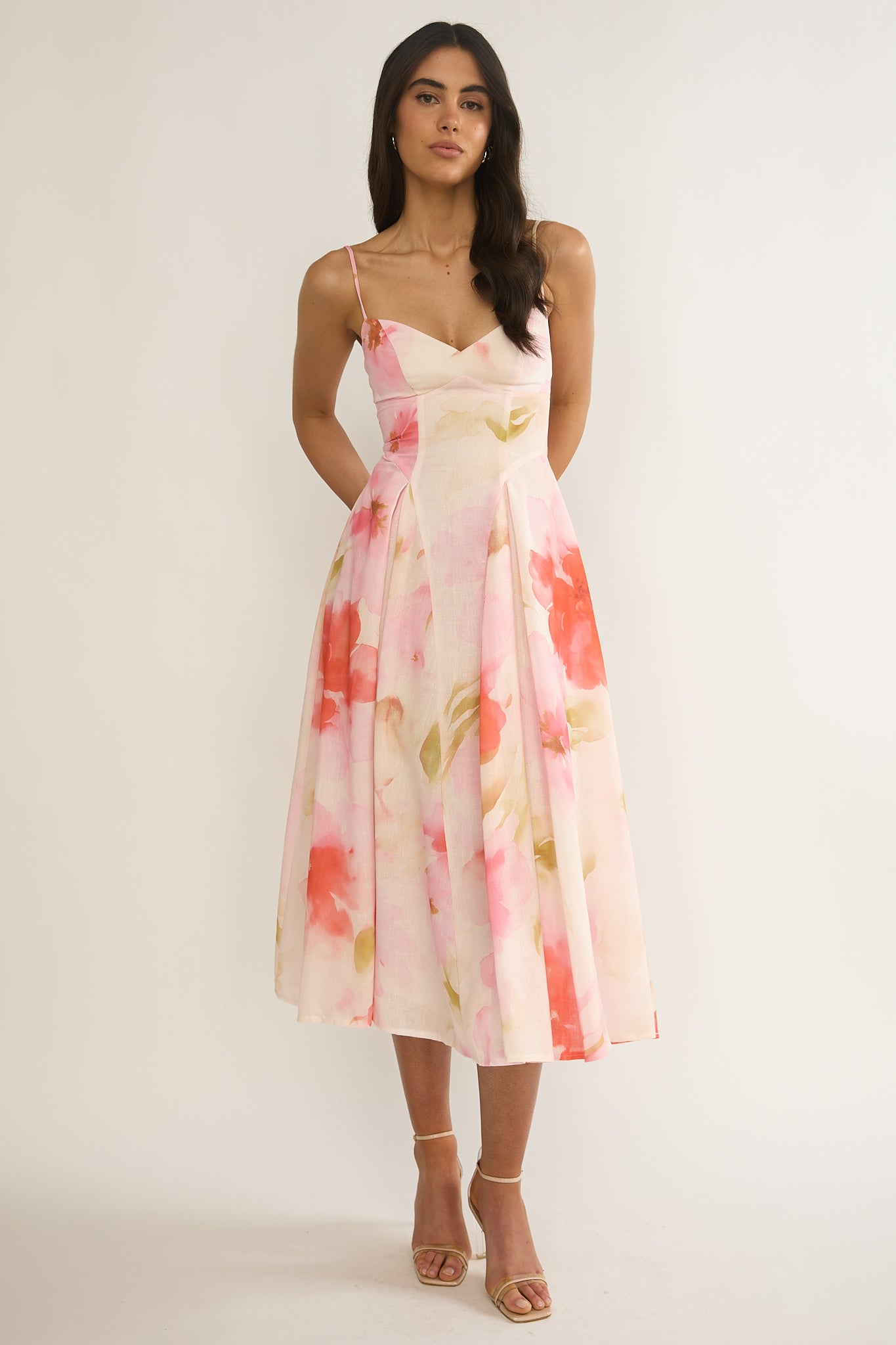 Get My Attention Pleat Waist Midi Dress Floral Pink