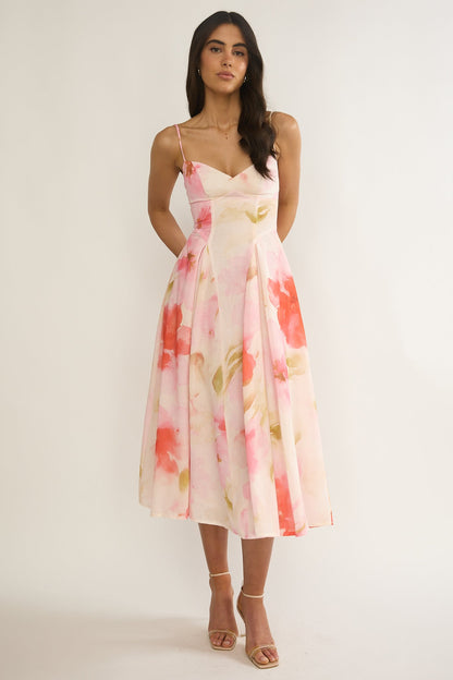 Get My Attention Pleat Waist Midi Dress Floral Pink