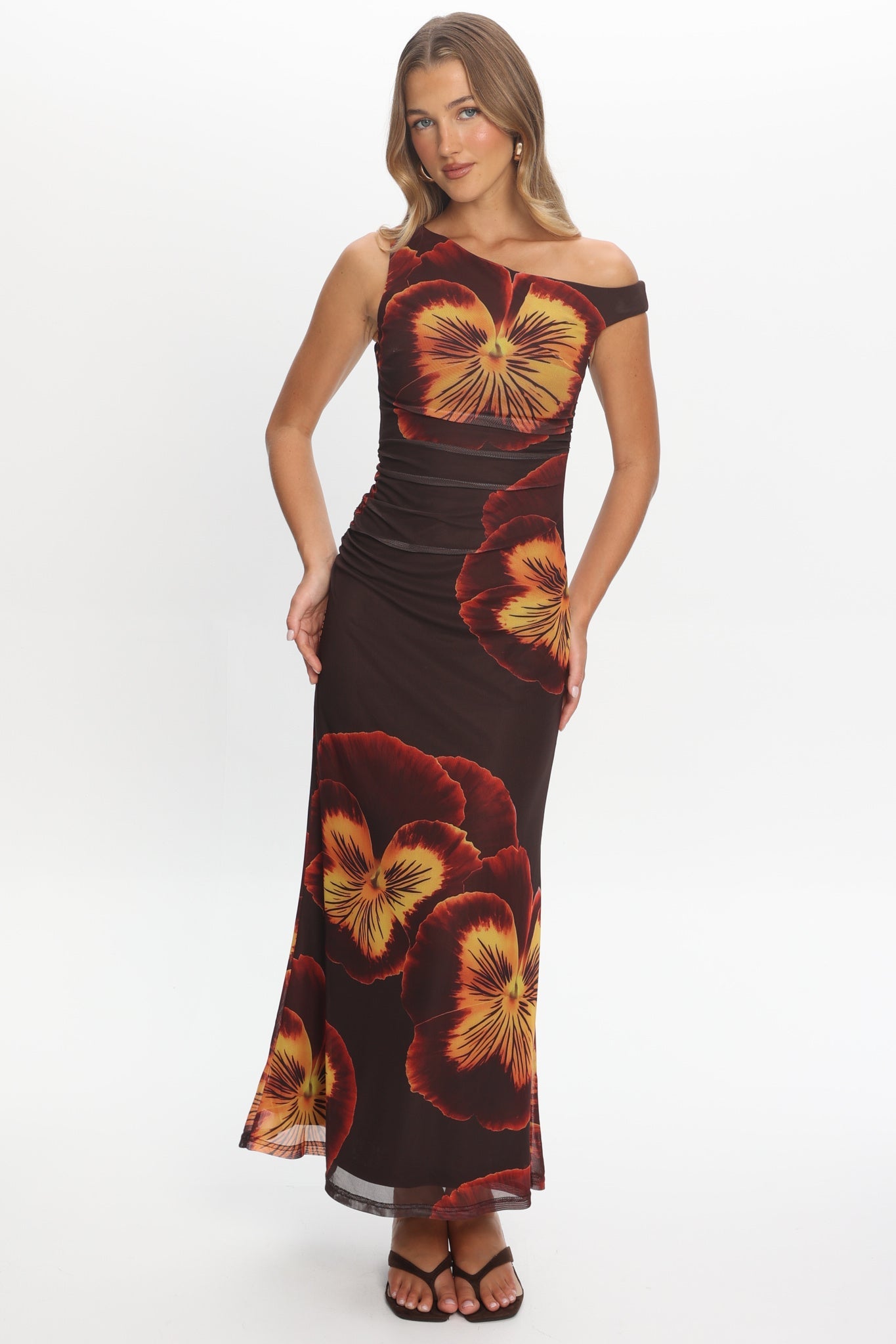 Gala Asymmetric Neckline Maxi Dress Floral Brown