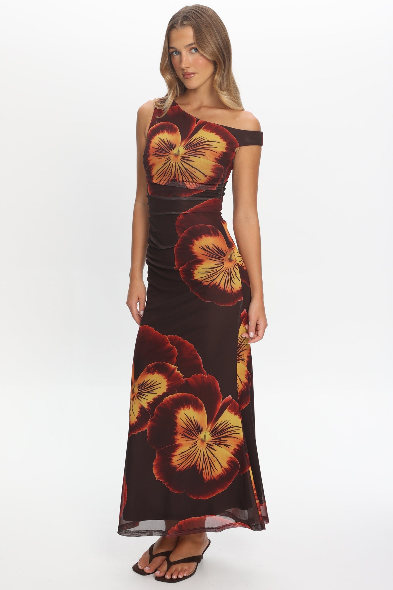 Gala Asymmetric Neckline Maxi Dress Floral Brown