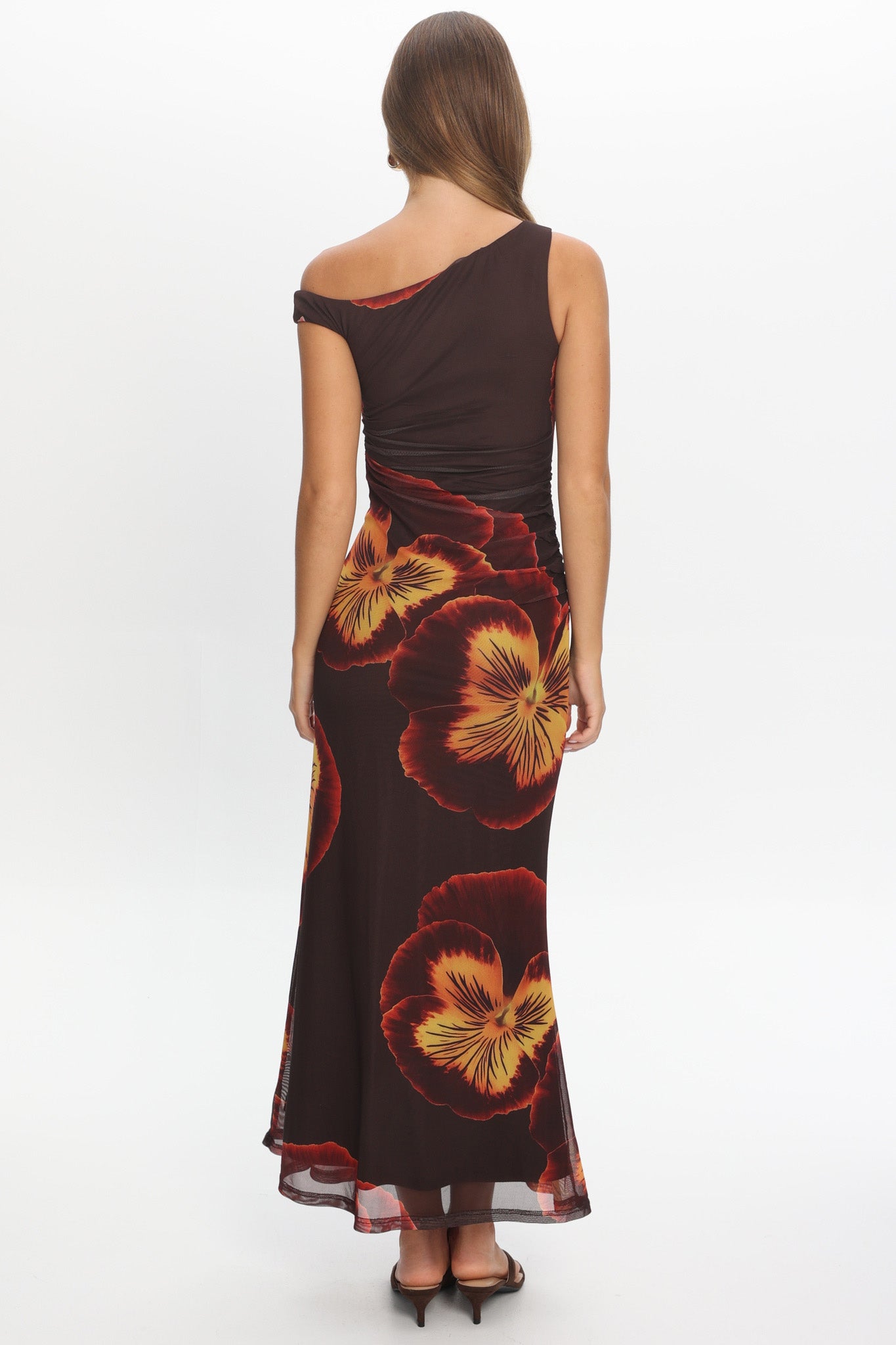Gala Asymmetric Neckline Maxi Dress Floral Brown