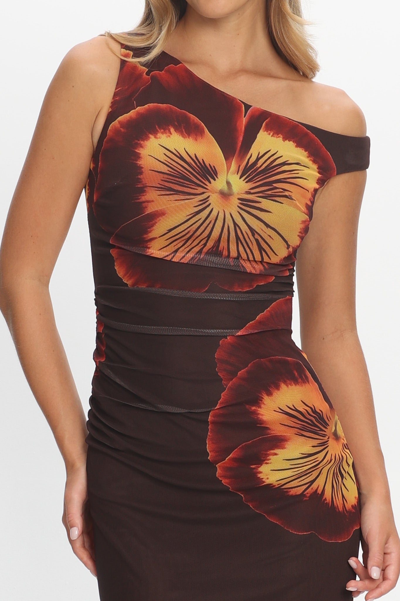 Gala Asymmetric Neckline Maxi Dress Floral Brown