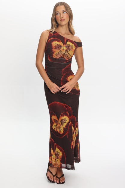 Gala Asymmetric Neckline Maxi Dress Floral Brown