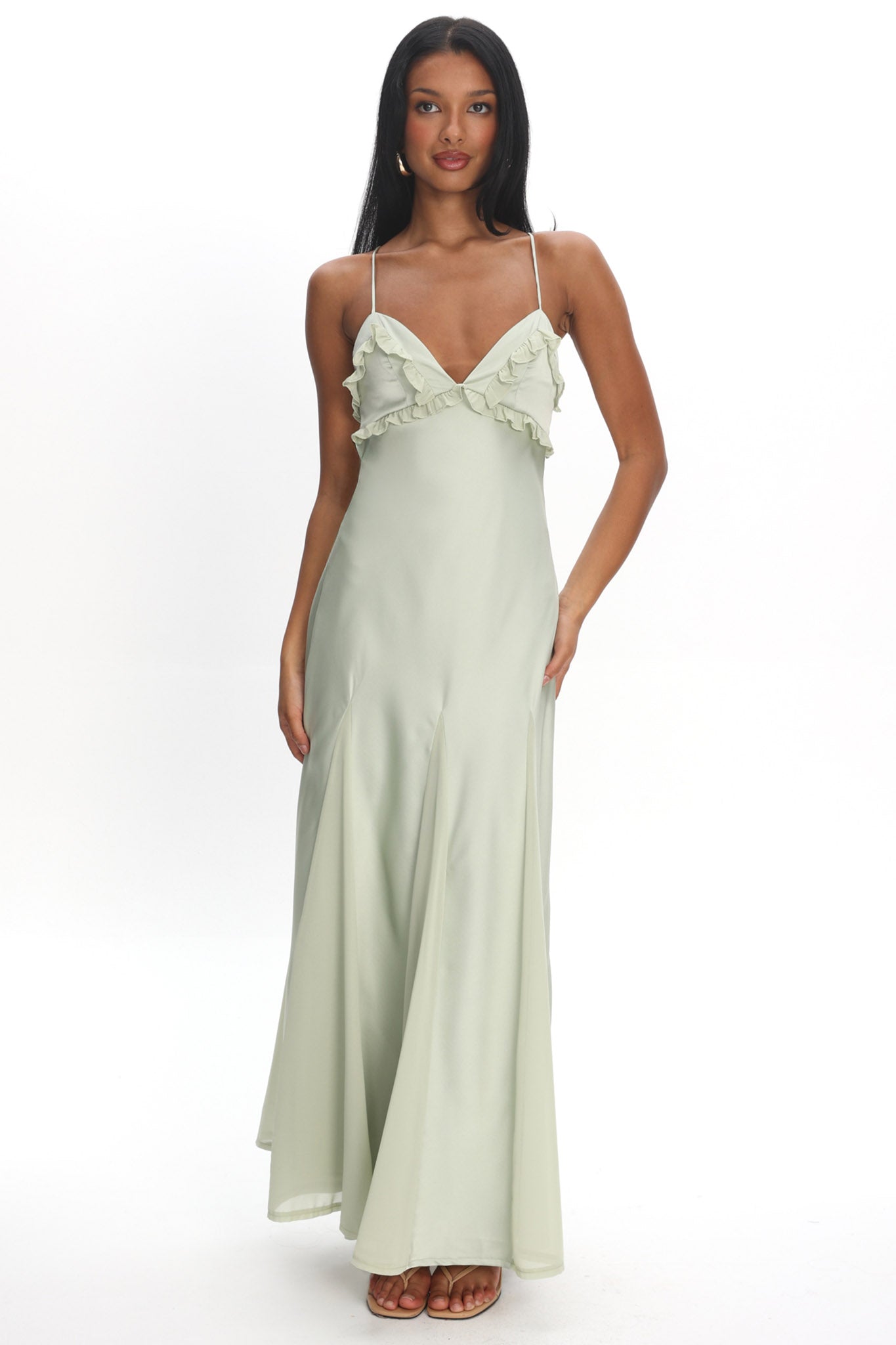 Caryn Frill Trim Godet Maxi Dress Sage