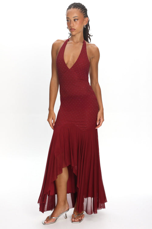 Endira Halter Sheer Hem Midi Dress Burgundy