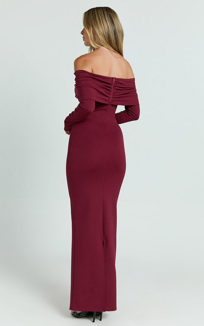 Rani Maxi Dress - Off Shoulder Long Sleeve Bodycon Dress in Wine