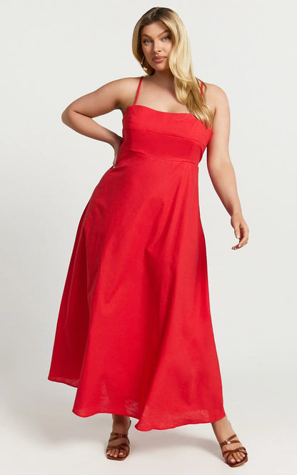 Brette Midi Dress - Linen Straight Neck Strappy Fit And Flare Dress in Red