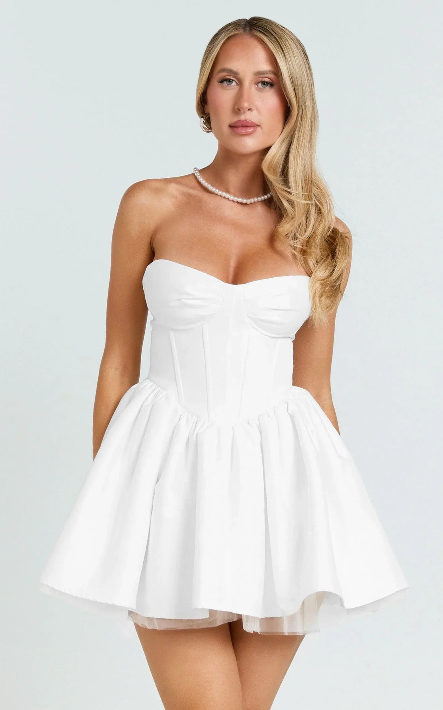 Charlize Mini Dress - Satin Sweetheart V Waist Fit And Flare Dress in White