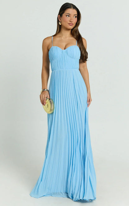 Dannika Maxi Dress - Blue Pleated Dress in Blue