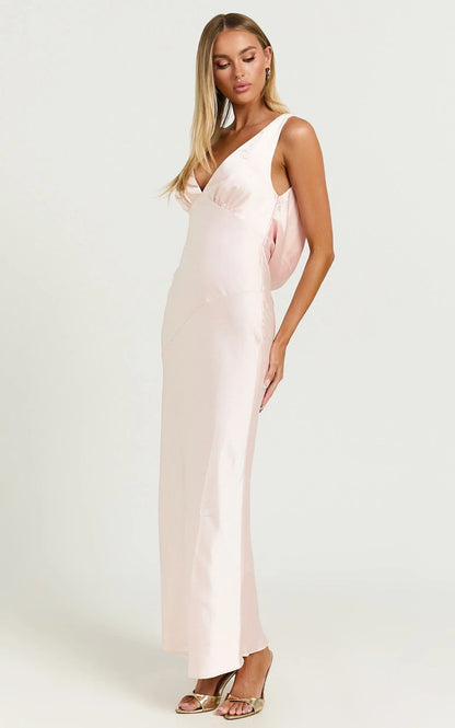 Brienne Midi Dress - Plunge Cowl Back Satin Dress in Soft Pink