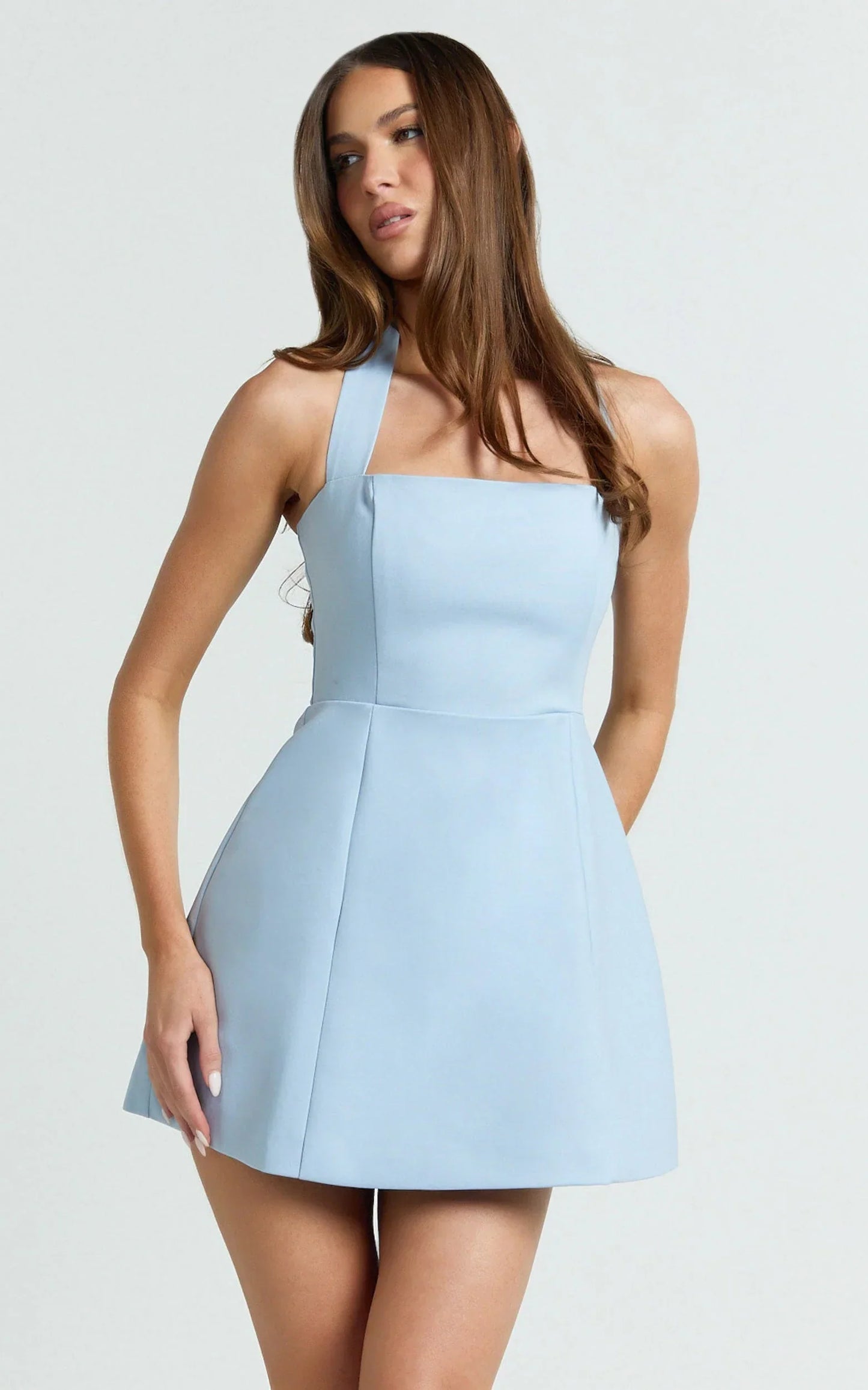Dante Mini Dress - Halter Neck Tie Tulip Skirt Dress in Soft Blue