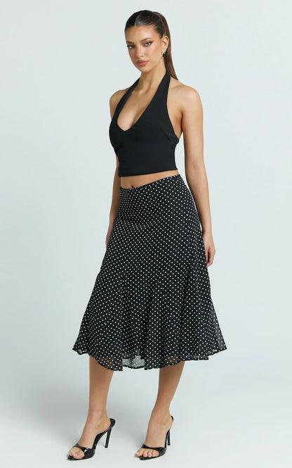 Charlie Midi Skirt - Polka Dot Low Waist Godet Skirt in Black