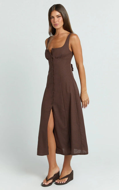Cameron Midi Dress - Button Front Tie Back Dress in Chocolate