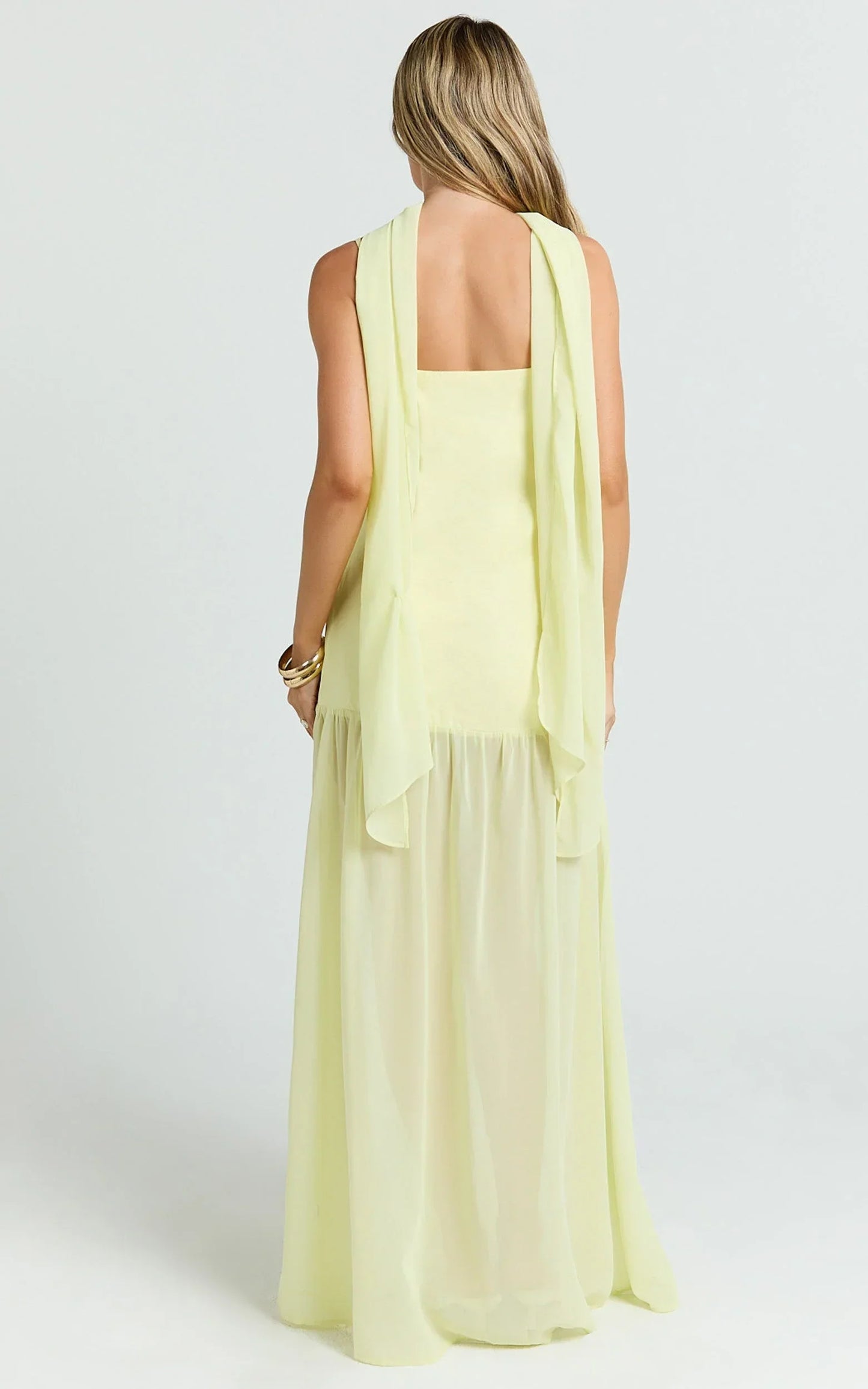 Calvin Maxi Dress - Linen Look Contrast Georgette Skirt with Neck Scarf in Lemon
