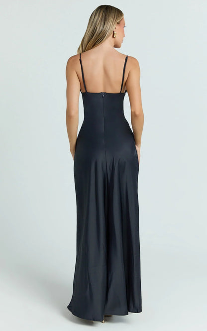 Cariela Midi Dress - Plunge Neck Satin Dress in Navy