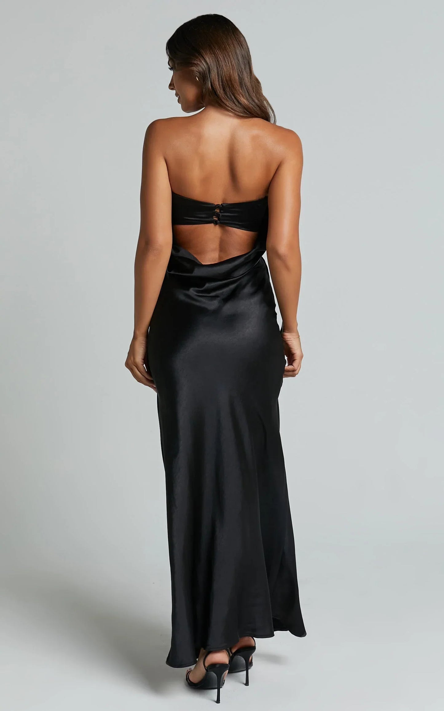 Charlita Maxi Dress - Strapless Cowl Back Satin Dress in Black