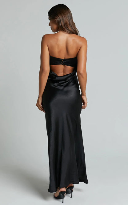 Charlita Maxi Dress - Strapless Cowl Back Satin Dress in Black
