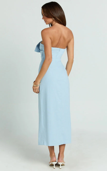 Chika Midi Dress - Linen Look Strapless Bow Front High Split Dress in Pale Blue