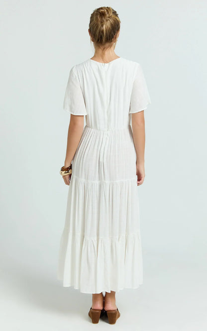 Cryzel Midi Dress - Flutter Sleeve Tiered Dress in White