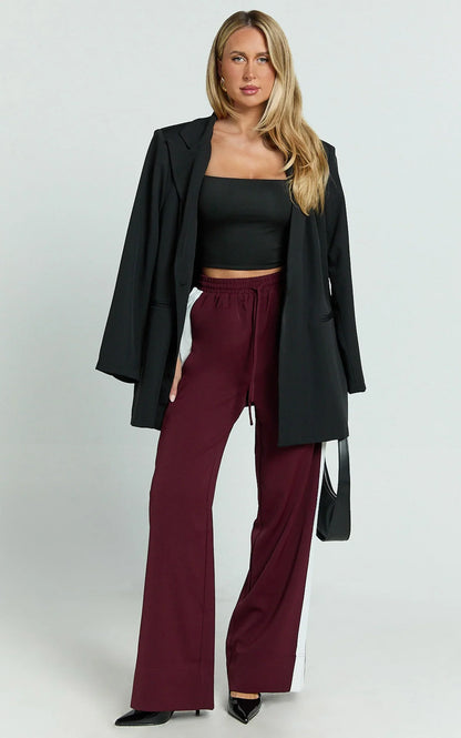 Davi Pants - Drawstring Waist Contrast Panel Tailored Pants in Burgundy