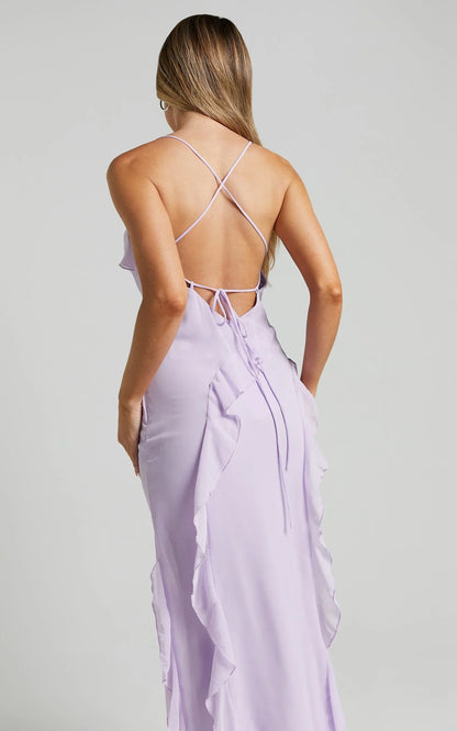 Connie Midi Dress - Ruffle Detail Dress in Lilac