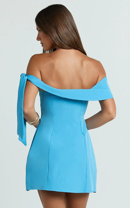 Cecilia Mini Dress - Off Shoulder Tie Detail Dress in Blue