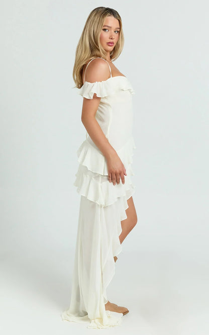 Brigitte Maxi Dress - Halter Off Shoulder Georgette Ruffle Tiered Dress in Cream