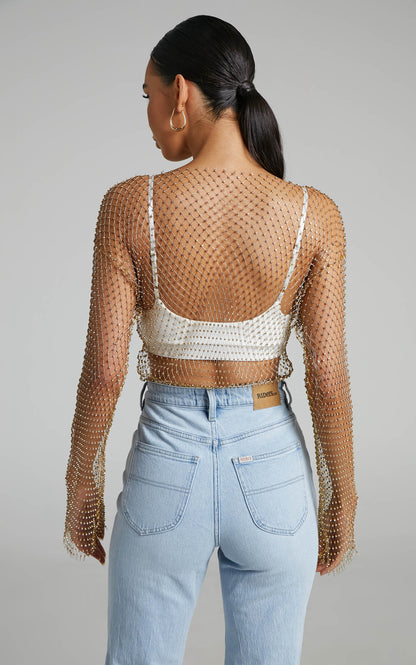 Charess Top - Diamante Mesh Long Sleeve Top in Gold