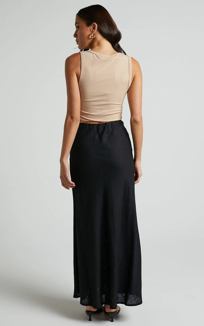 Collins Midi Skirt - Linen Look High Waisted Linen Look Bias Slip Skirt in Black
