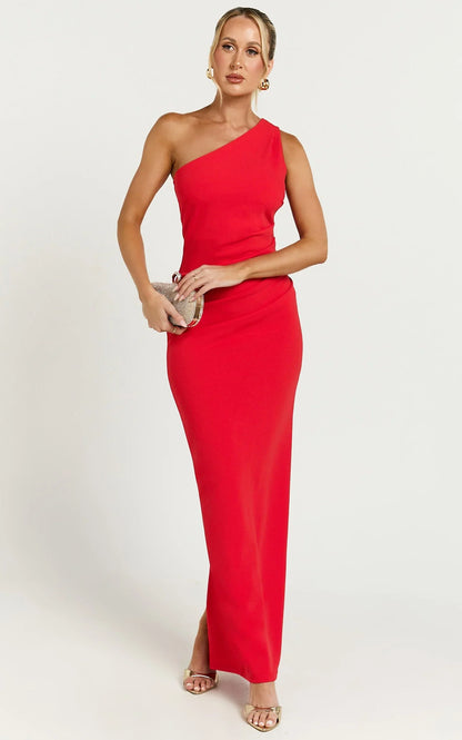 Criselda Maxi Dress - One Shoulder Maxi Dress in Red