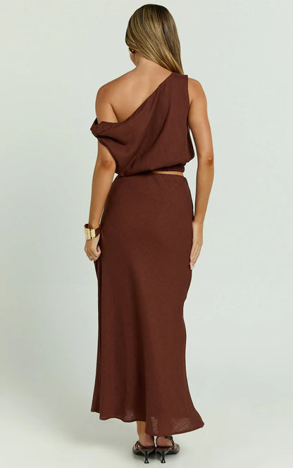 Collins Midi Skirt - Linen Look High Waisted Linen Look Bias Slip Skirt in Chocolate