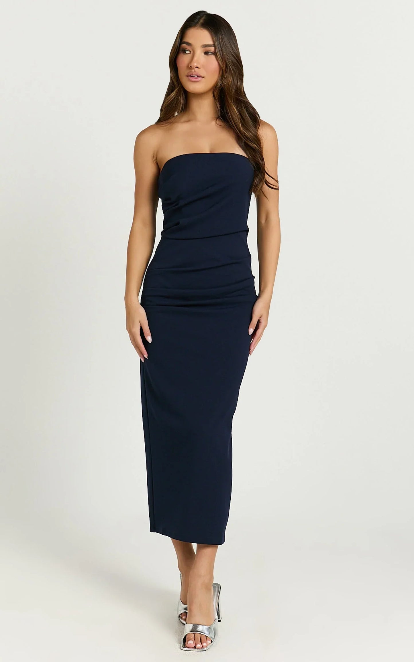 Calanthe Midi Dress - Strapless Tuck Detail Dress in Navy