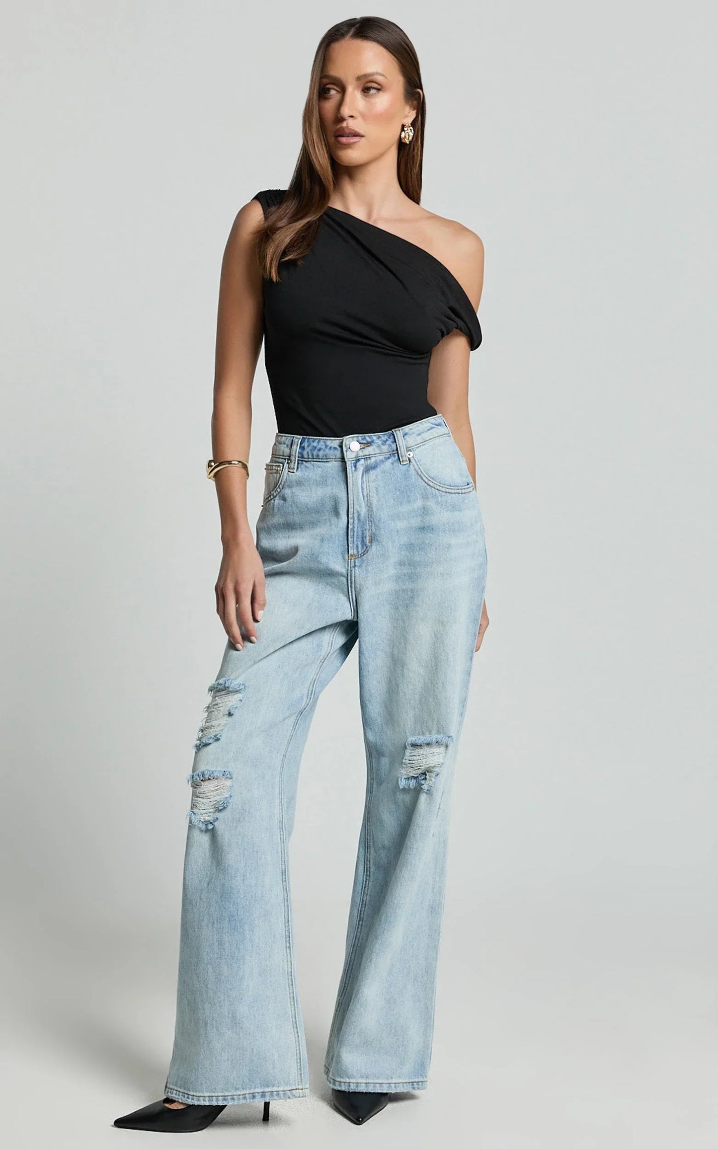 Cate Jeans - Baggy High Waist Ripped Wide Leg Recycled Denim Jeans in Light Blue Wash