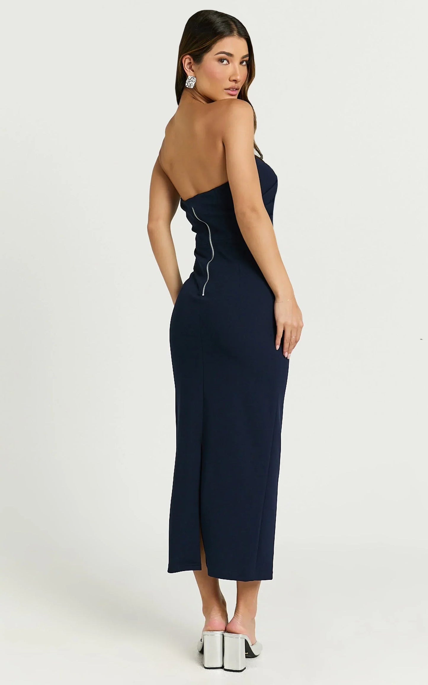 Calanthe Midi Dress - Strapless Tuck Detail Dress in Navy