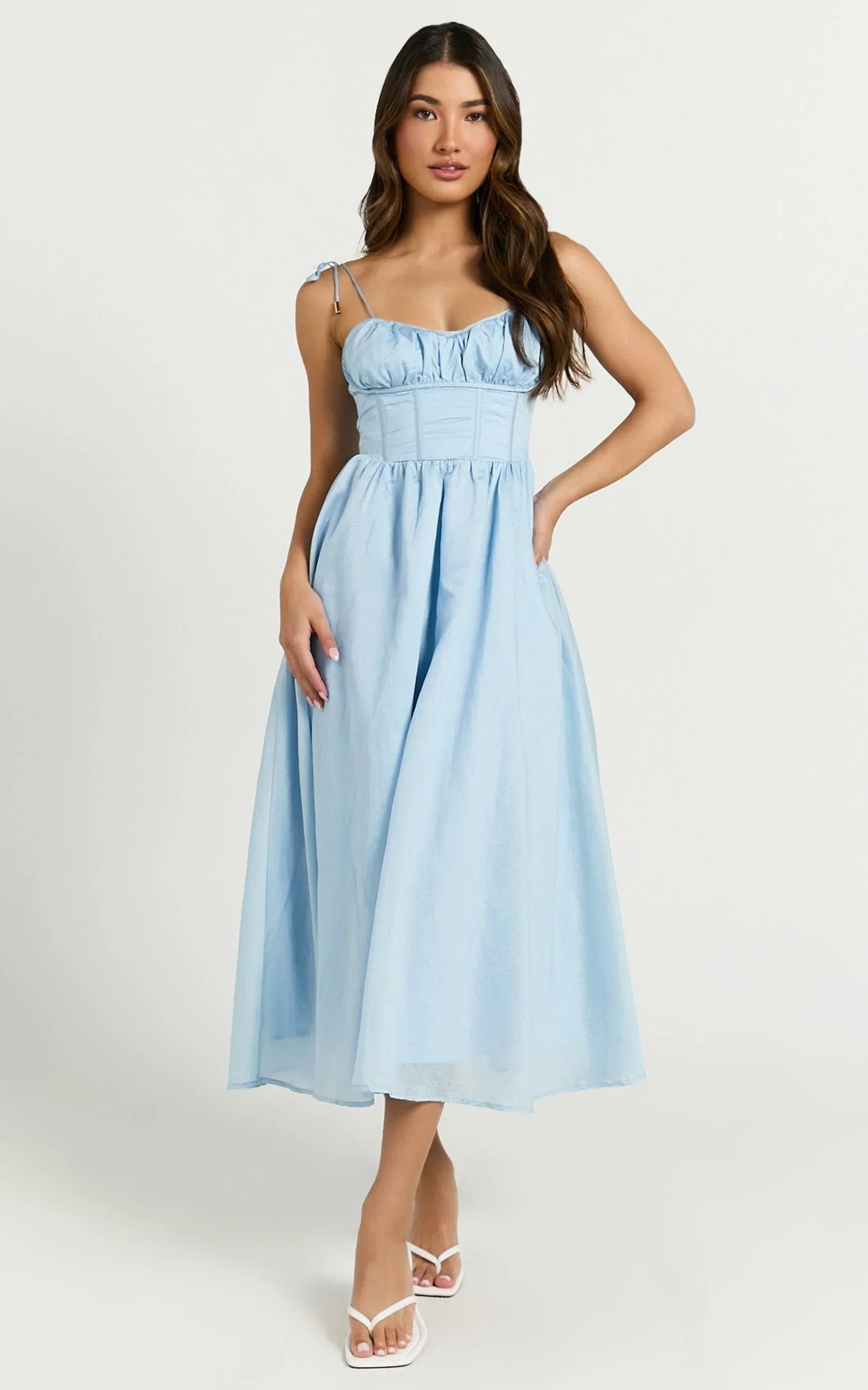 Dolores Midi Dress - Strappy Ruched Bust Corset Waist Dress in Blue