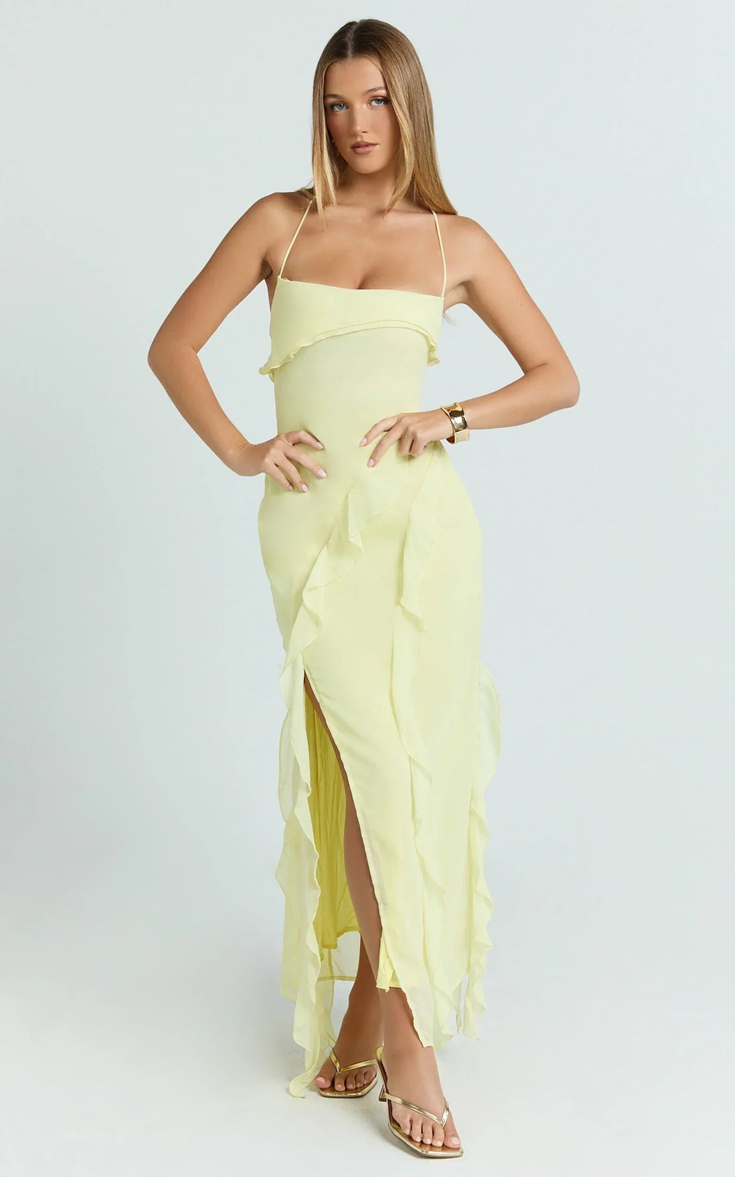 Connie Midi Dress - Ruffle Detail Dress in Lemon