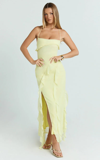 Connie Midi Dress - Ruffle Detail Dress in Lemon