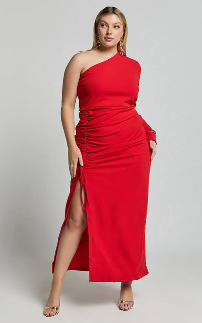 Daria Midi Dress - One Shoulder Long Sleeve Side Split Dress in Red
