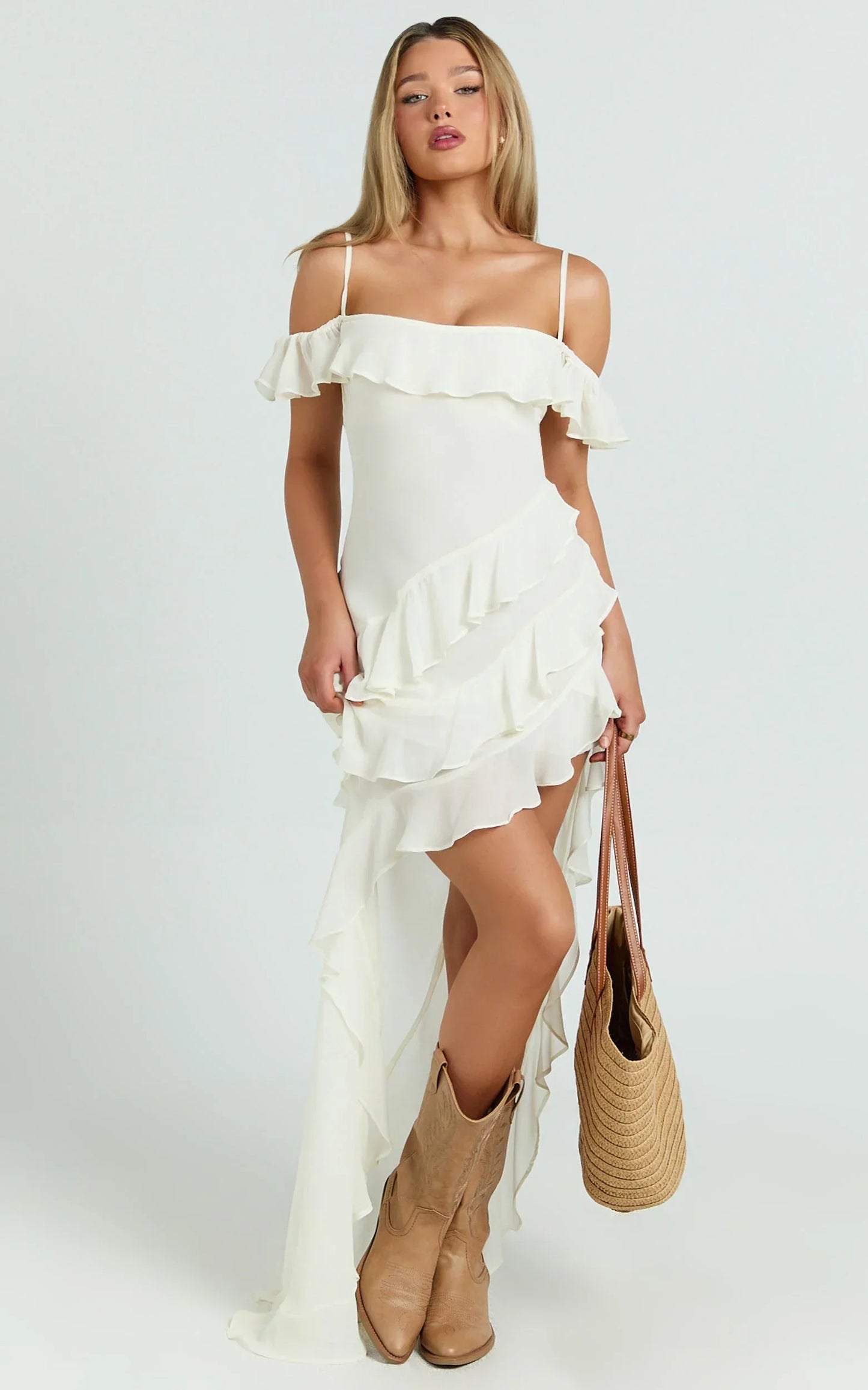 Brigitte Maxi Dress - Halter Off Shoulder Georgette Ruffle Tiered Dress in Cream