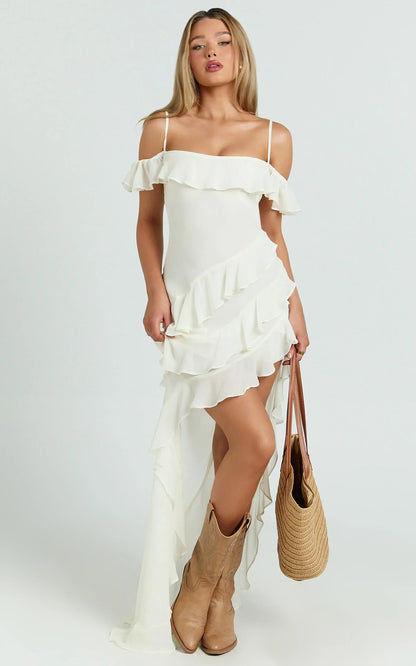Brigitte Maxi Dress - Halter Off Shoulder Georgette Ruffle Tiered Dress in Cream
