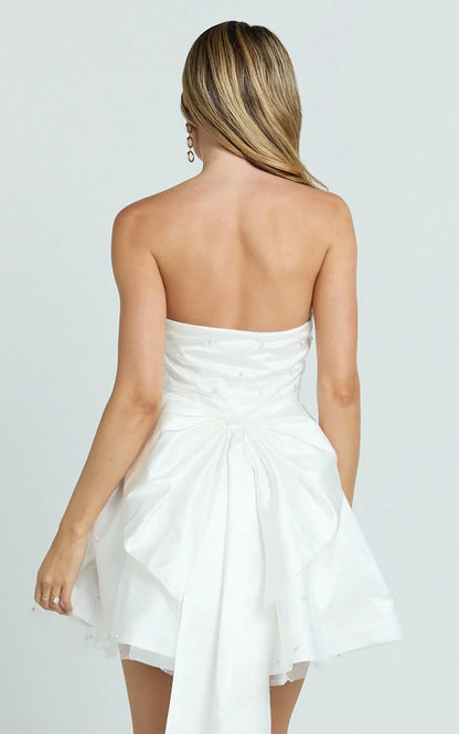 Cailene Mini Dress - Strapless Bow Train Fit and Flare Dress in Ivory
