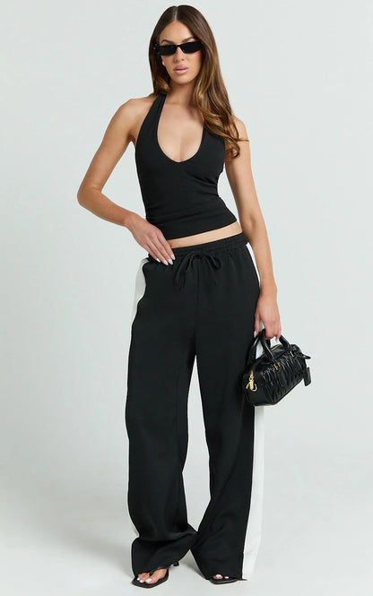 Davi Pants - Drawstring Waist Contrast Panel Tailored Pants in Black