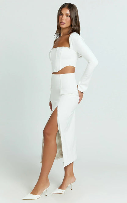 Clarissa Top - Square Neck Pearl Trim Long Sleeve Top in Off White