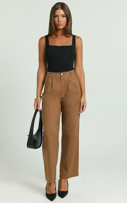 Celenia Linen Blend Pants - High Waisted Wide Leg Pants in Tobacco
