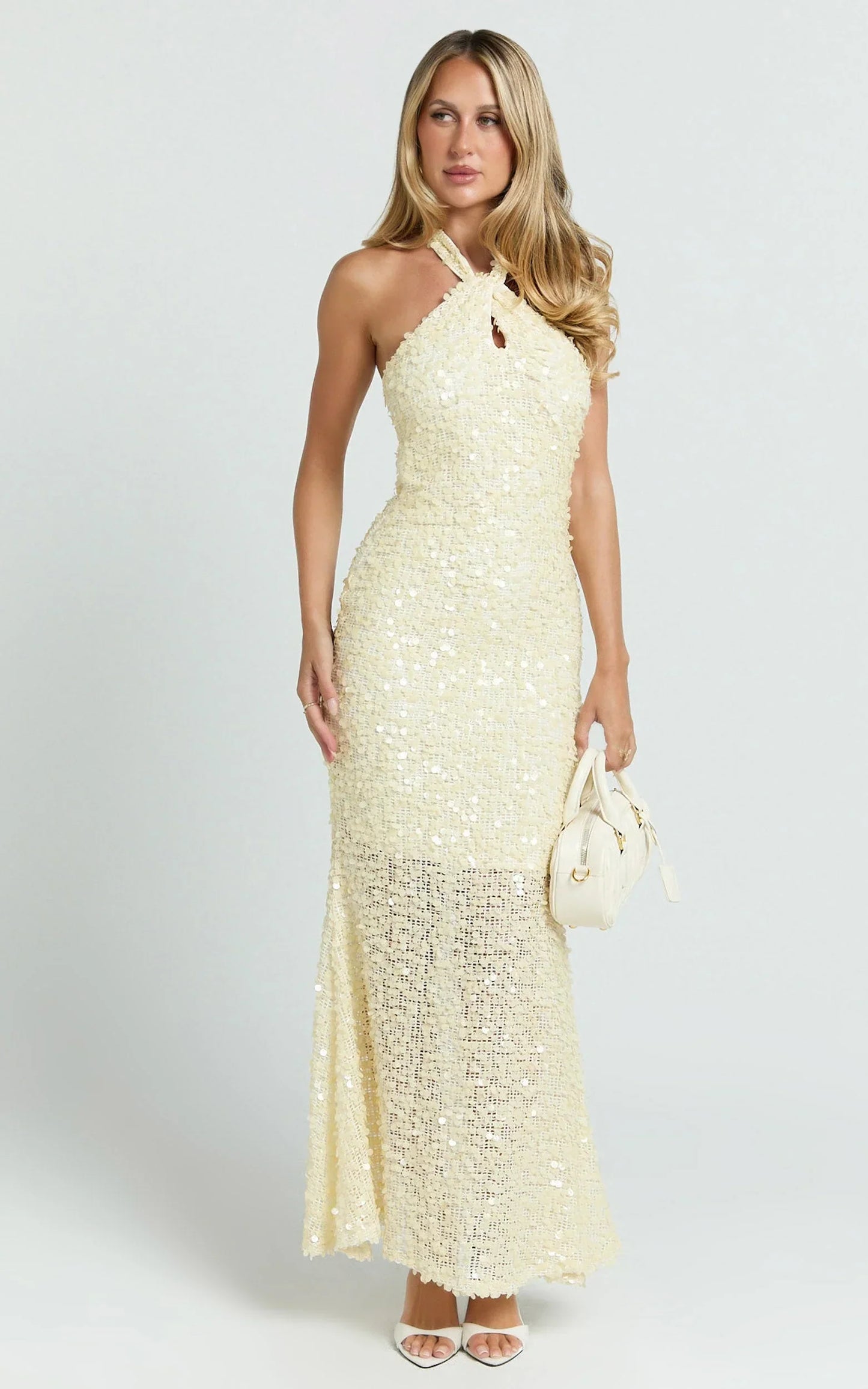 Celeste Maxi Dress - Sequin Halter Low Back Dress in Lemon