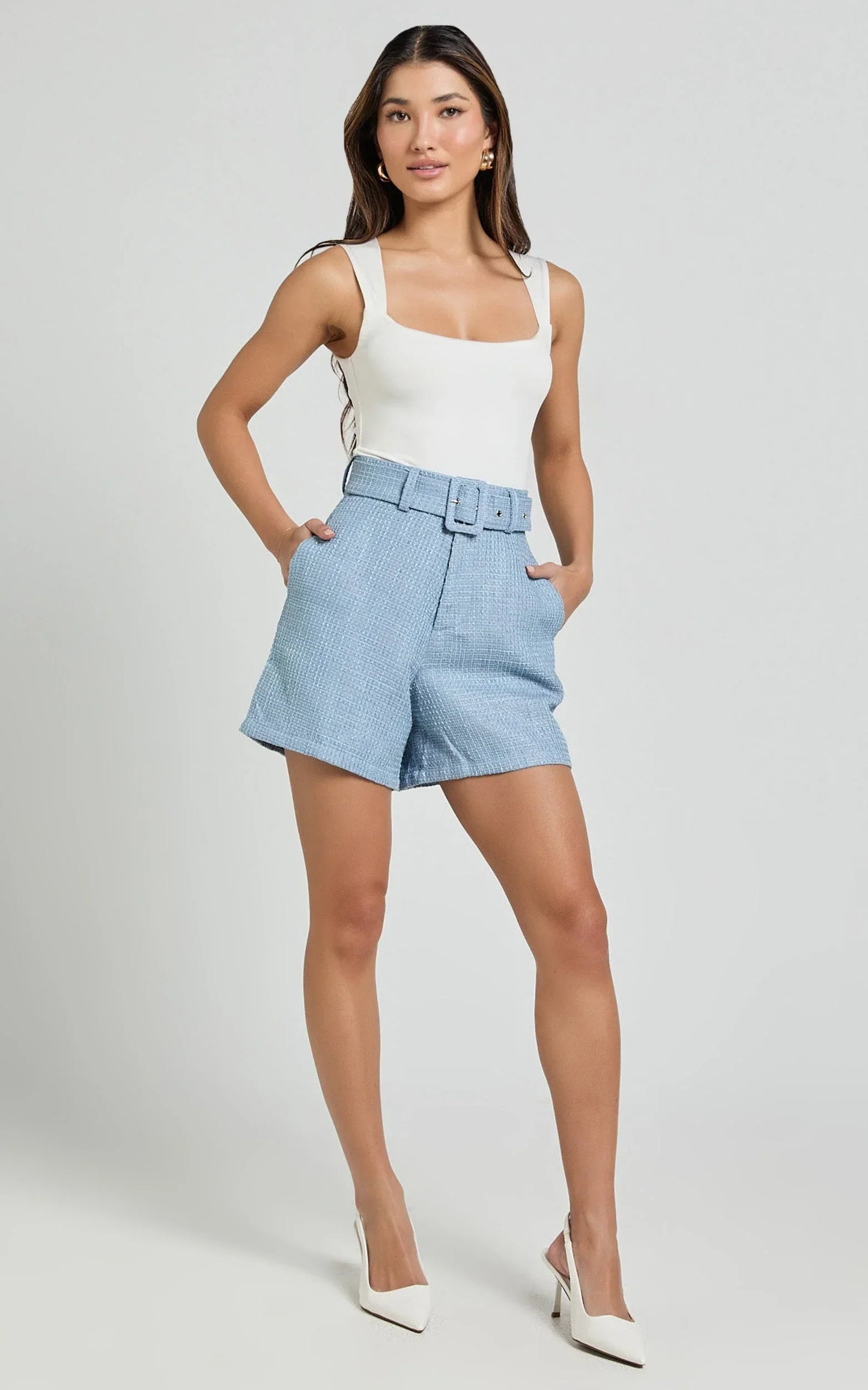 Delilah Shorts - High Waist Belted A Line Tweed Shorts in Blue