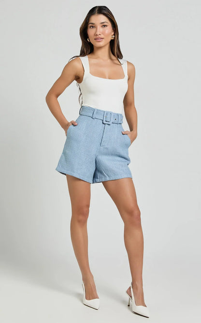 Delilah Shorts - High Waist Belted A Line Tweed Shorts in Blue