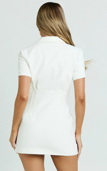 Charity Mini Dress - Placket Front Fitted Shirt Dress in Off White