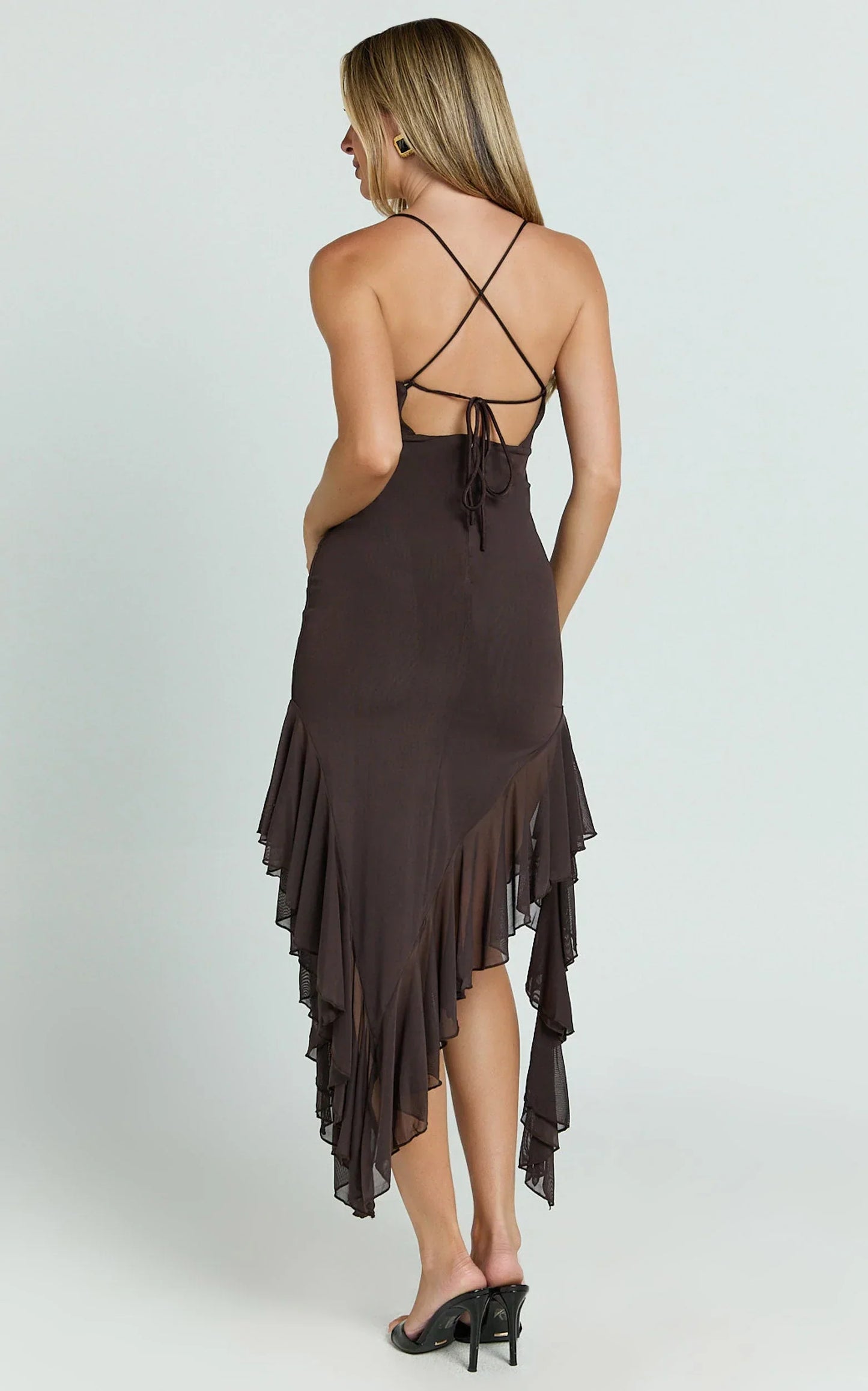 Constantina Midi Dress - Asymmetric Ruffle Tie Back Dress in Dark Chocolate